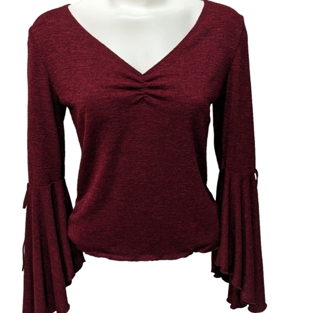 Rue 21 burgundy blouse with tight fitted top and flowy bell sleeves, sz …